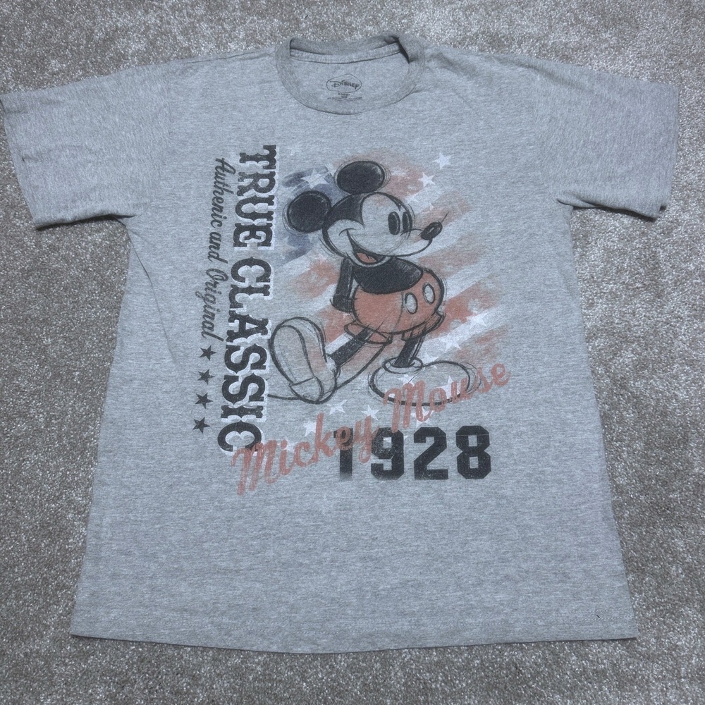 Disney Mens M Mickey Mouse True Classic Graphic Tee Grey Americana Vintage Style